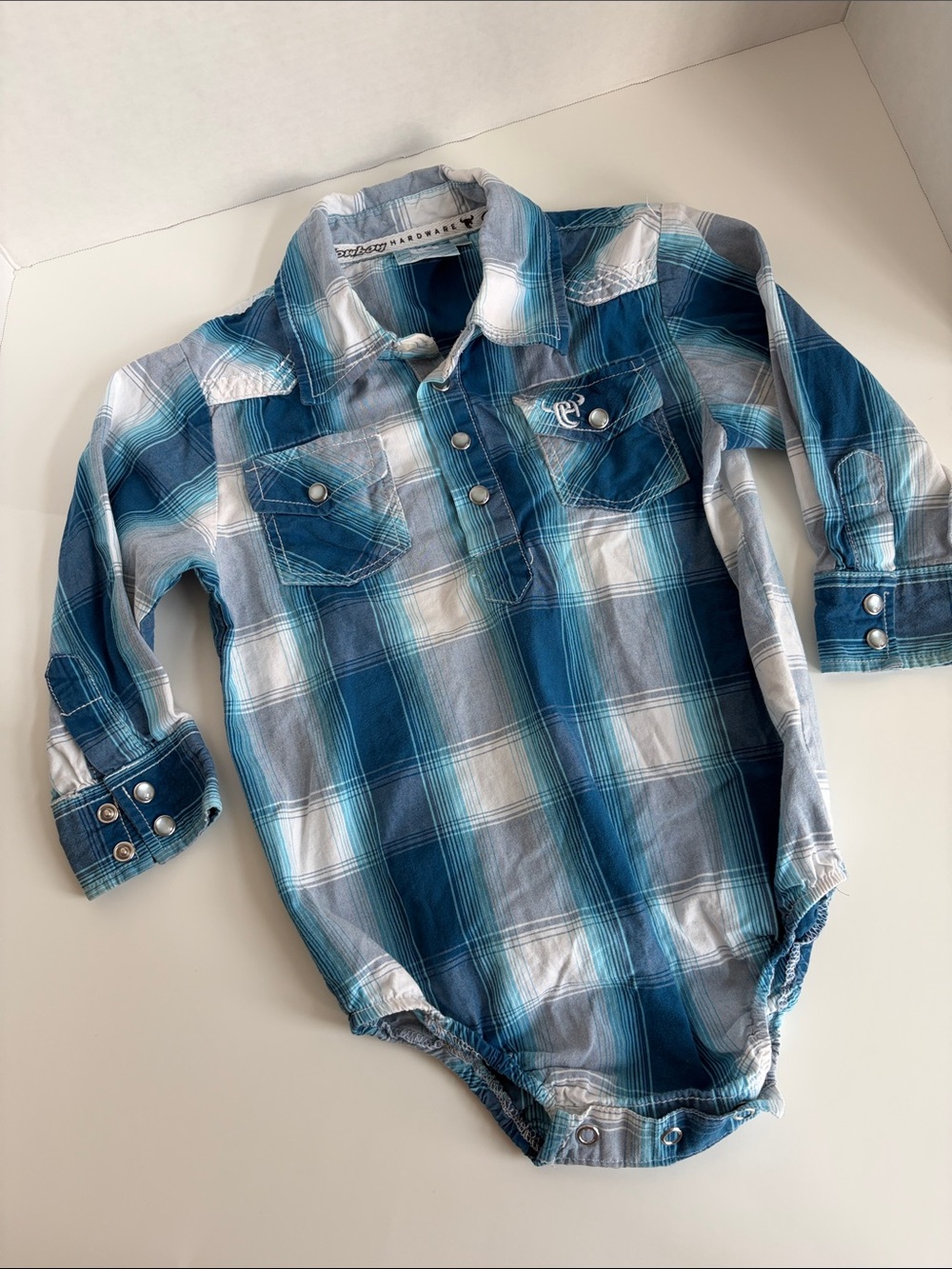 Blue Plaid Baby Snap Romper cowboy hardware 24 months